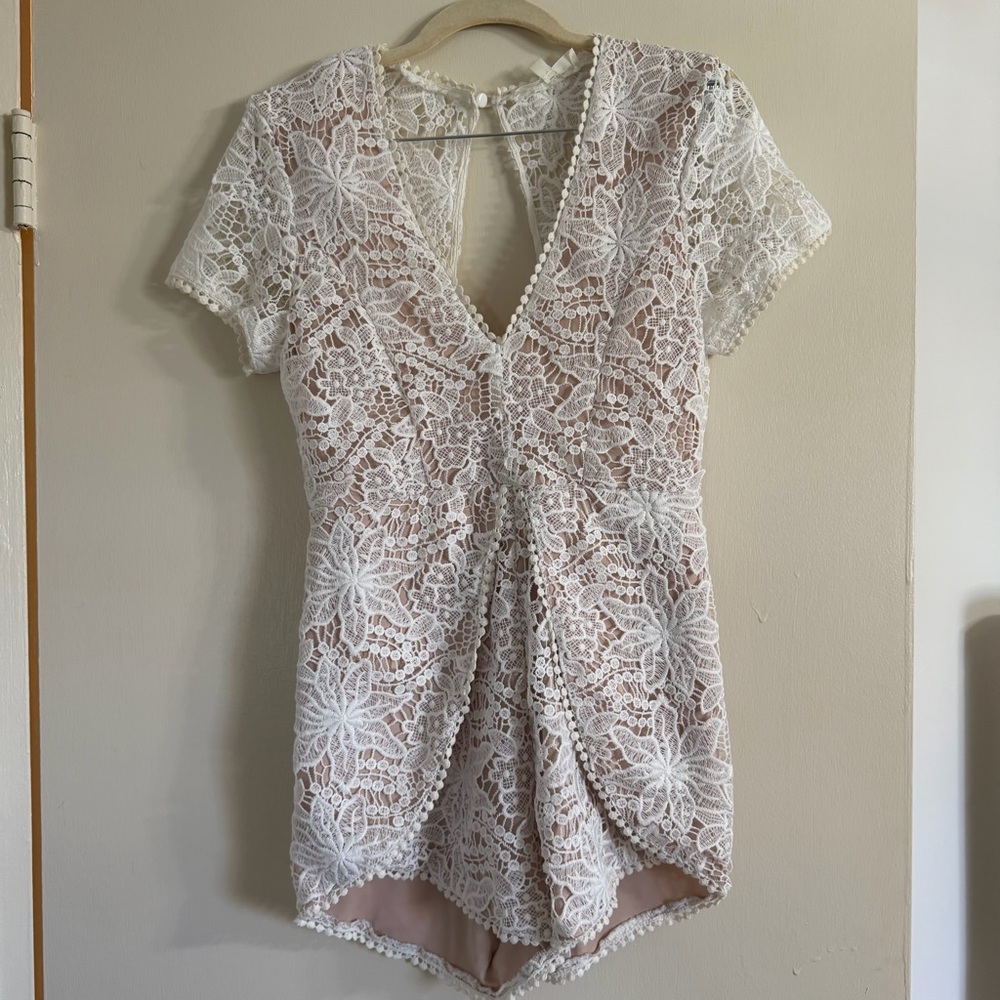 White Lace Floral V-Neck Romper